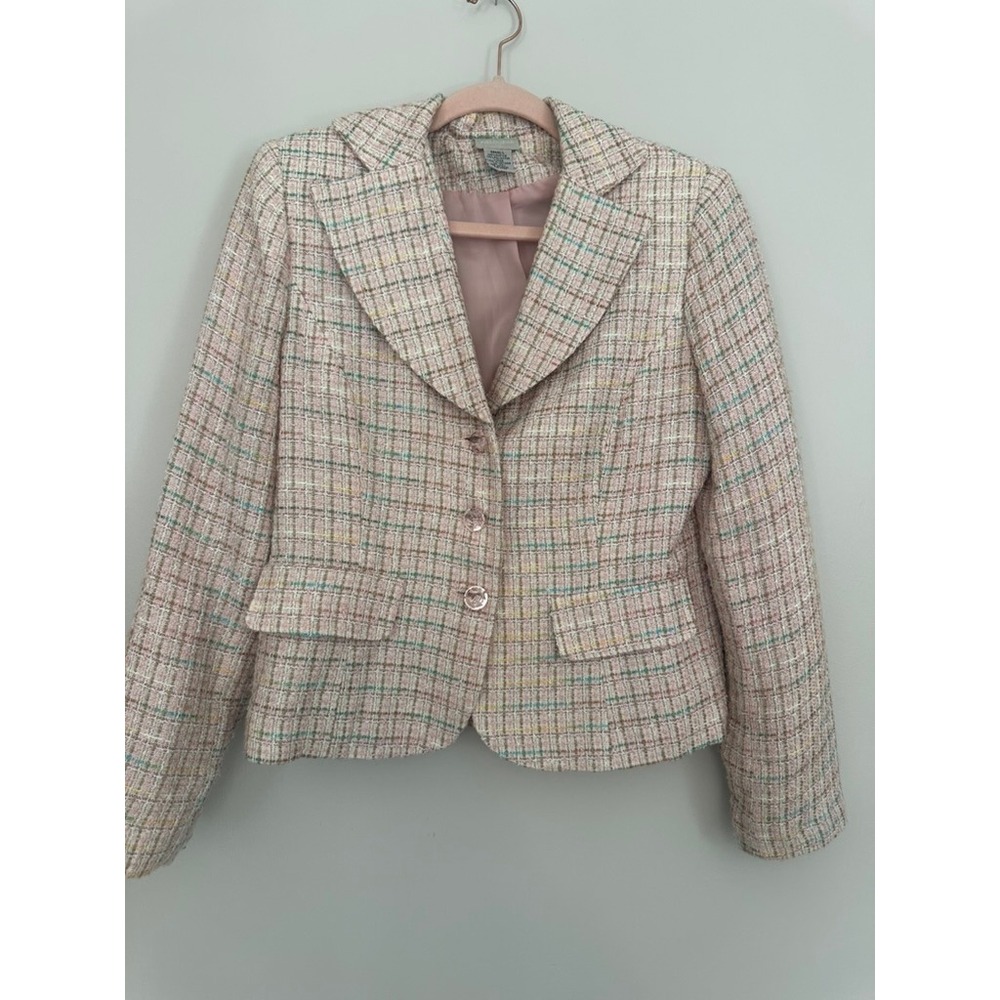 Fieldgear Women Pastel Tweed Blazer Pink Green Plaid Three Button Jacket Small
